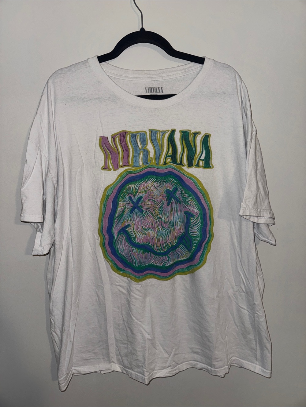 NIRVANA White Tee with Neon Smiley Graphic